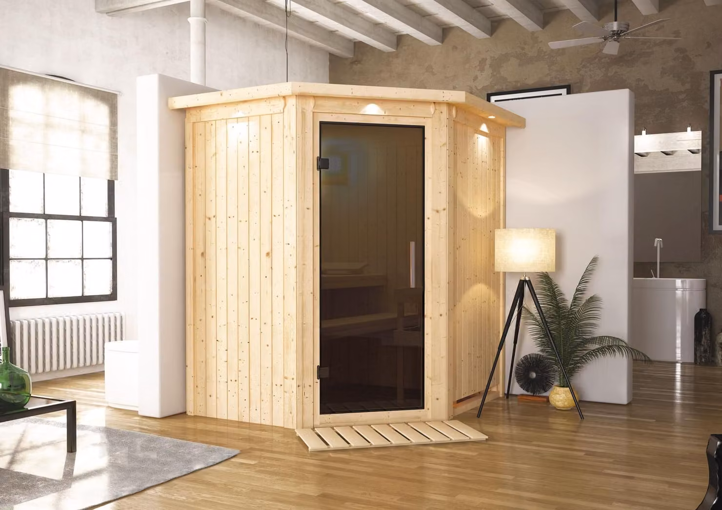 Sauna Taurin: senza illuminazione per il soffitto: stufa da 9 kW con controllo integrato; porta in vetro completamente grigia. Illuminazione per il soffitto: senza illuminazione. Stufa per sauna: 9 kW con controllo integrato. Porta per sauna: porta in vet