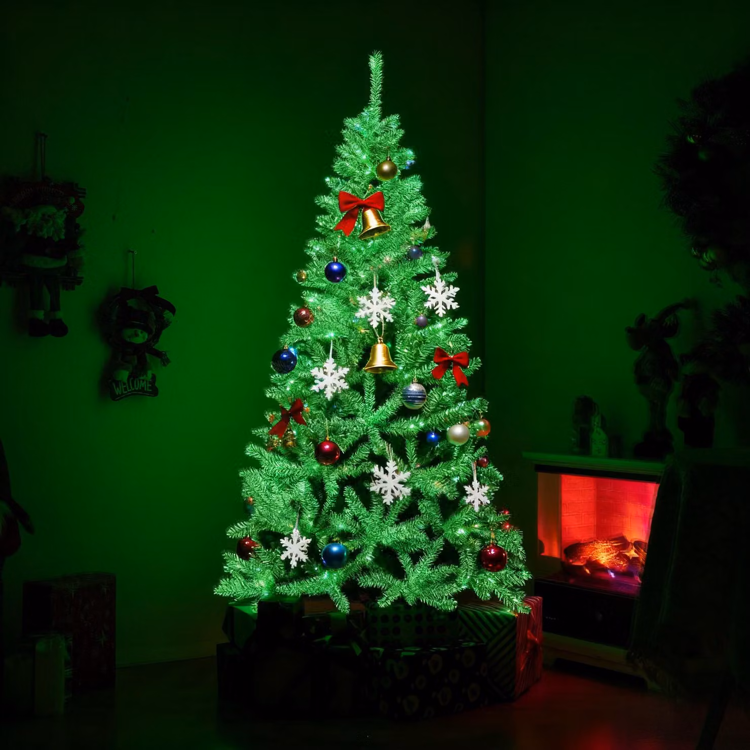 COSTWAY Albero di Natale artificiale da 180 cm, abete con 692 rami e supporto in metallo, albero di Natale luminoso al buio, albero di Natale artificiale verde