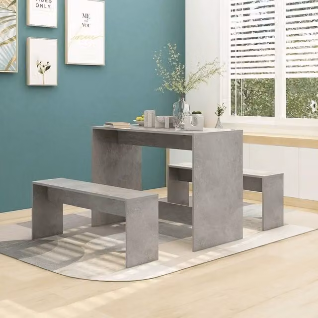 Set da pranzo moderno vidaXL composto da tavolo rettangolare e 2 panche in MDF laminato grigio opaco