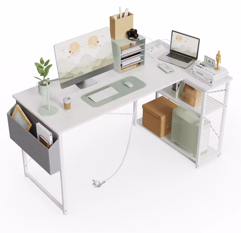 Scrivania da gaming a forma di L - Scrivania angolare per computer 120x70x75 cm - Supporto per monitor - Presa di corrente e porta USB - Spazio di stoccaggio - Bianco