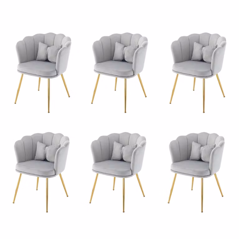 Set Fortuna Lai con 6 moderne sedie da salotto in velluto, sedie da bagno, sedie imbottite con schienale a petalo, gambe in metallo dorato e cuscini a forma di farfalla per la camera da letto e la sala da pranzo.