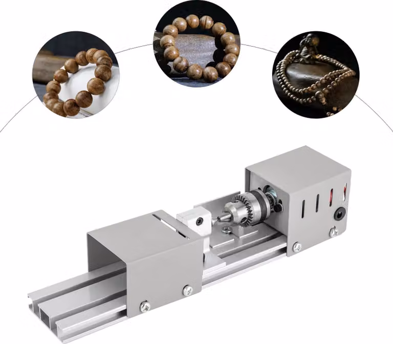 Mini tornio per legno da 100 W, modello da tavolo, 7 velocità regolabili, 4000–9000 giri/min, fresatura/levigatura/lucidatura, beige