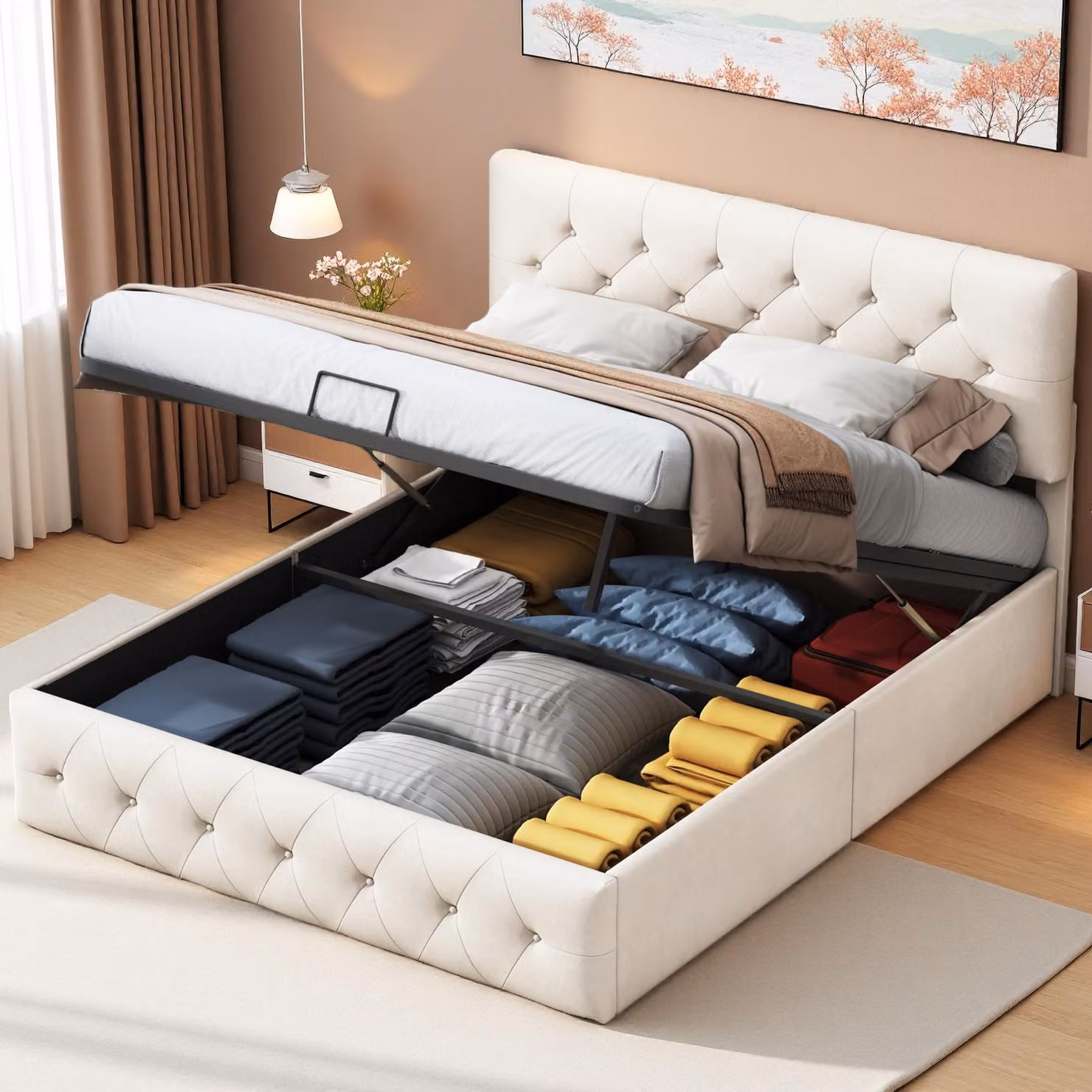 UnboxG Letto imbottito 160x200 cm beige con contenitore, letto matrimoniale idraulico con testiera regolabile in altezza e molla a gas, letto contenitore con rete a doghe – Letto da camera moderno
