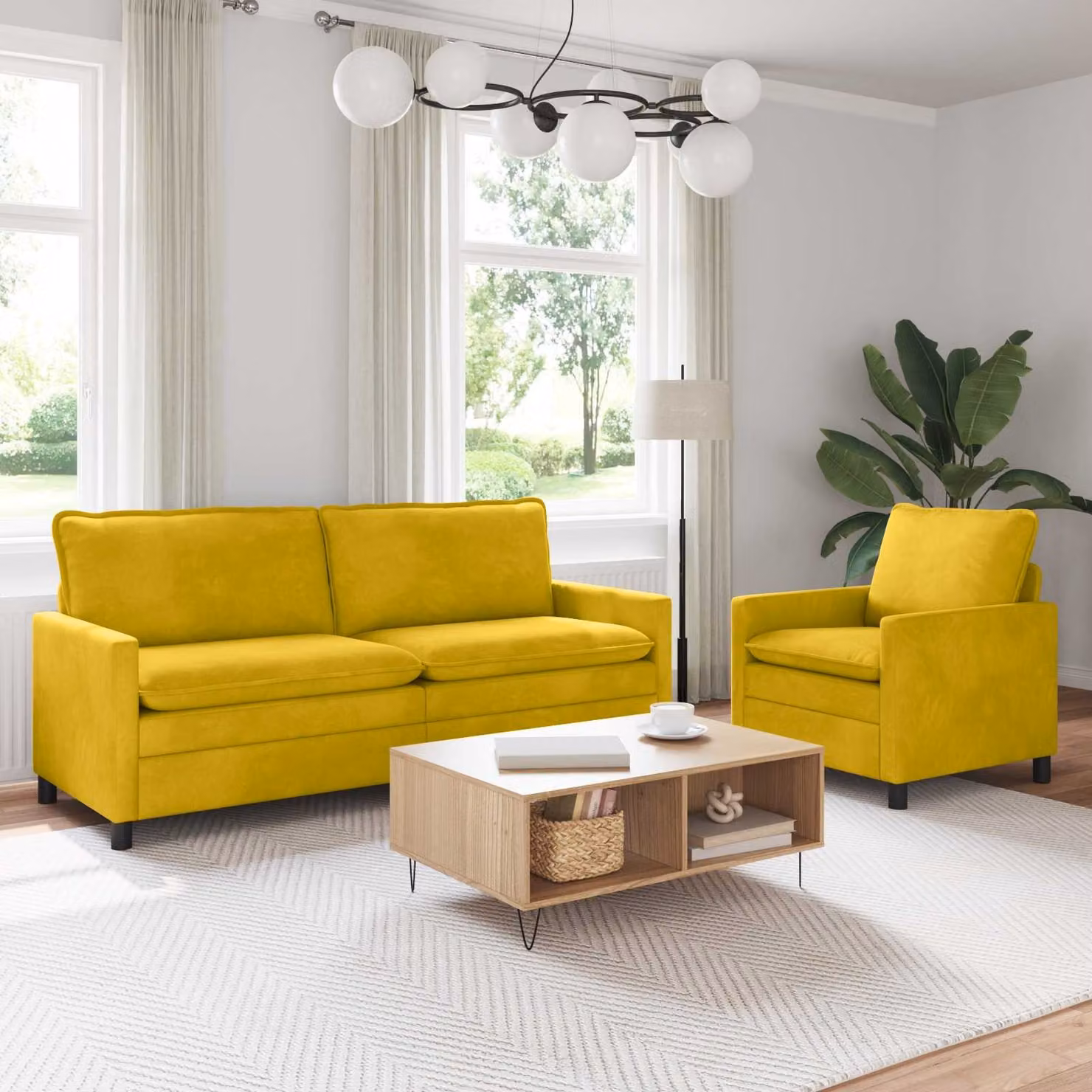 Set di 2 divani moderni vidaXL in velluto giallo e nero con struttura in metallo e cuscini inclusi per il tuo soggiorno