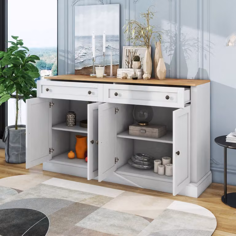 okwish Grande mobile da cucina con 4 ante e 2 cassetti, moderno mobile buffet per sala da pranzo e soggiorno, 150 x 40 x 86 cm (L/A) Bianco + Naturale