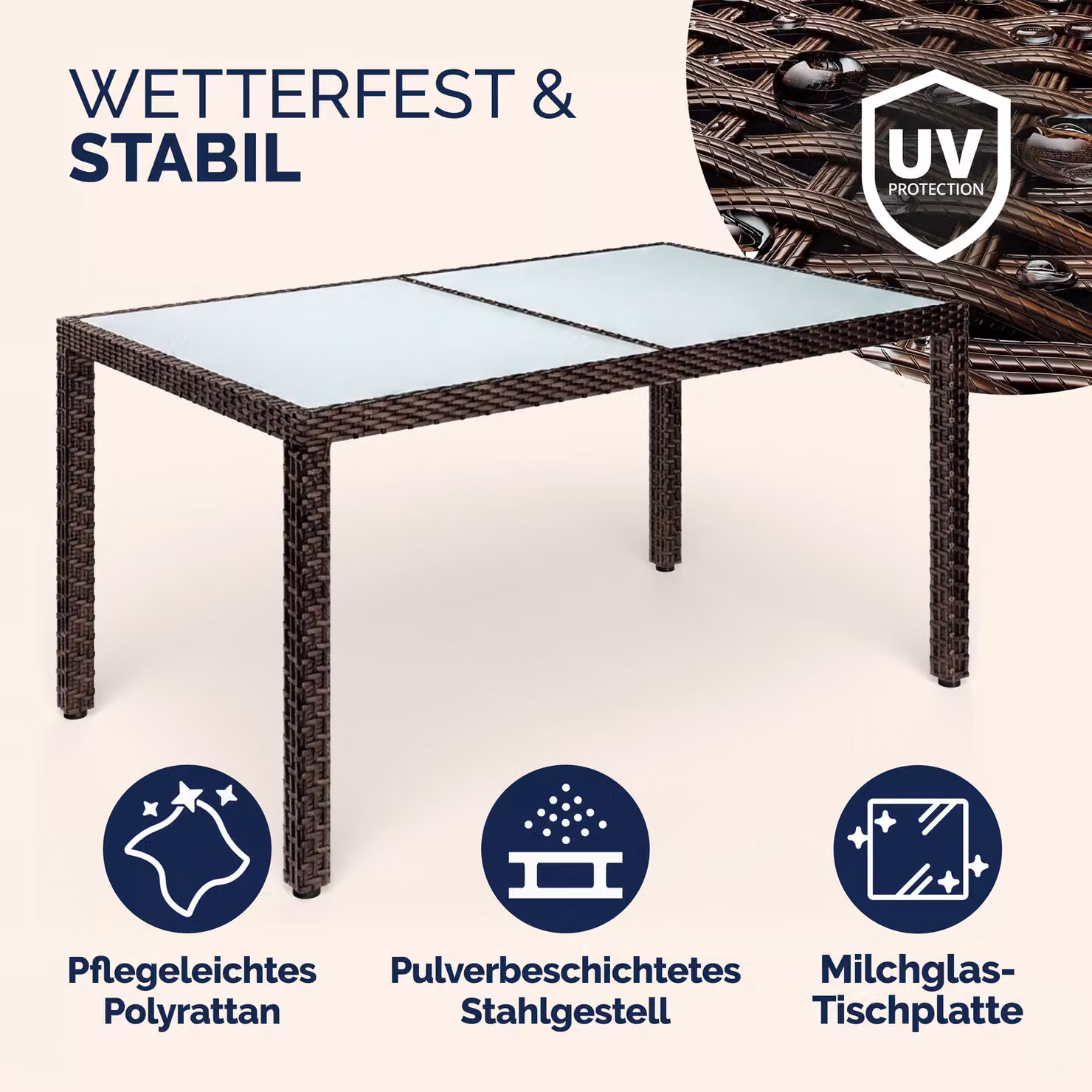 Tavolo da giardino rettangolare CASARIA in polyrattan marrone con piano in vetro satinato L: 150 cm, P: 90 cm, H: 75 cm – 3