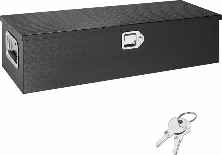 SucceBuy 39 "x13 "x10" cassetta porta attrezzi in alluminio per impieghi gravosi, con piastra a diamante, con maniglia laterale e chiavi di chiusura, per pianale di camion, pickup, camper, rimorchi, materiale: alluminio, colore: nero.