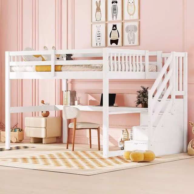 Letto a soppalco per bambini con cassetti e scrivania ¨C Minimal ¨C Bianco 140x200cm