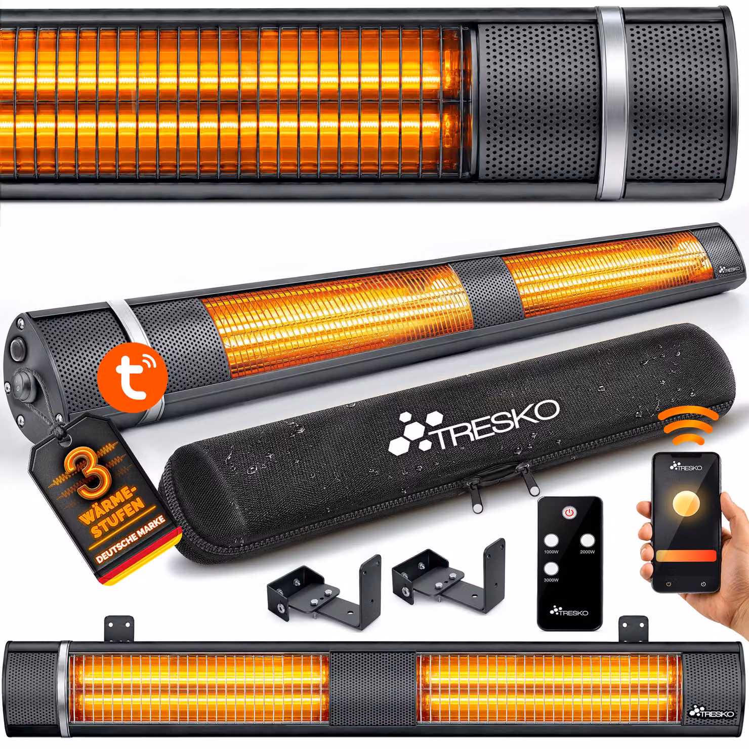 Riscaldatore a infrarossi TRESKO® da 3000W con Wi-Fi e telecomando, per interni ed esterni | Riscaldatore elettrico per terrazza con 3 livelli di riscaldamento | Riscaldatore a infrarossi da parete, ideale per terrazze, ambienti esterni e come riscaldator