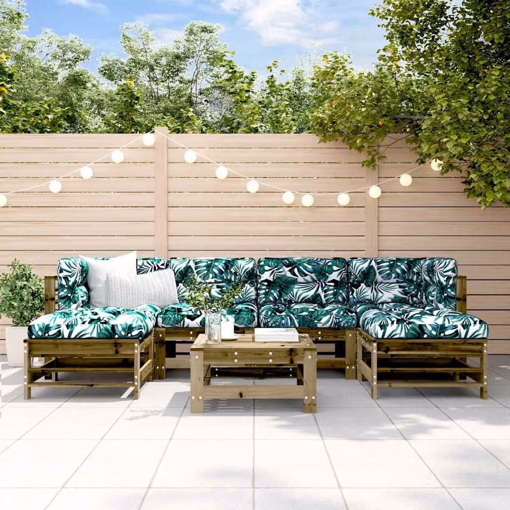 Set Salotto da Giardino vidaXL 7 pz in Legno di Pino con Cuscini Floreali, Colore Marrone e Verde