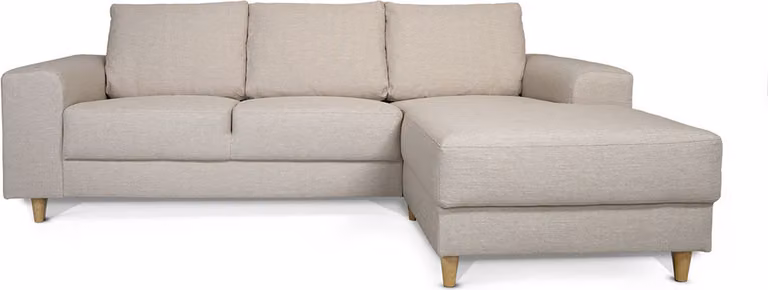 Divano nordico con chaise longue girata a destra in beige chiaro.