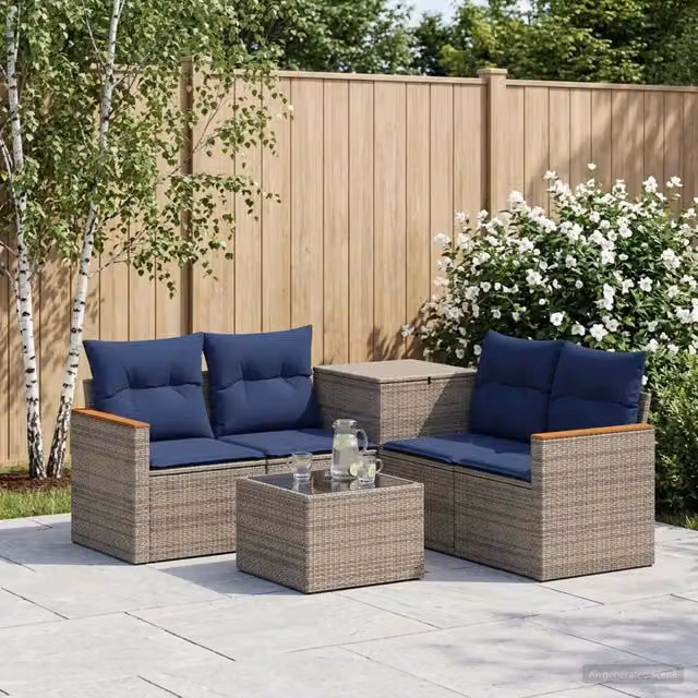 Set di divani da giardino vidaXL a forma di L in polyrattan con cuscini, Grigio e Blu – 1