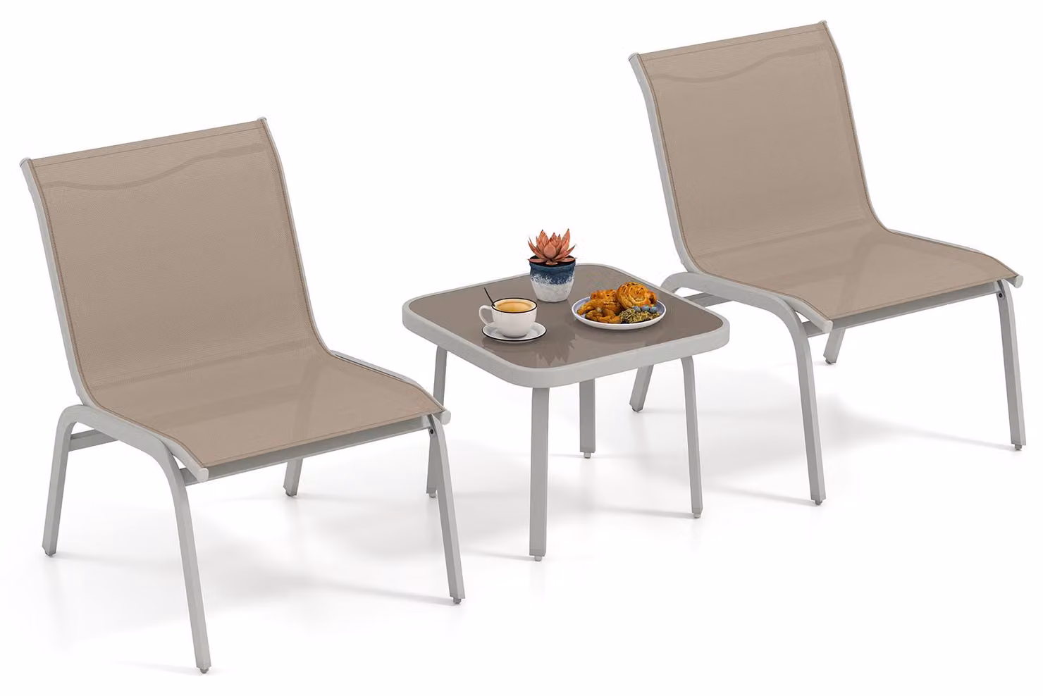 Set da esterno COSTWAY, composto da 3 elementi: tavolo con 2 sedie, tavolino in vetro, set da giardino in tessuto, ideale per balconi, terrazze e giardini