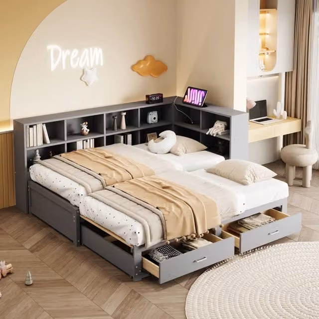 Letto divano singolo OKWISH in tessuto grigio con letto estraibile, cassetti e porta USB, L/P/H: 190 x 90 x 82 cm