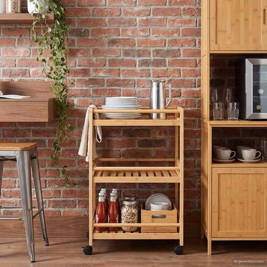 vidaXL Carrello da Cucina Moderno in Bambù con Ruote, Colore Naturale, L 46 cm x P 38 cm x H 76 cm