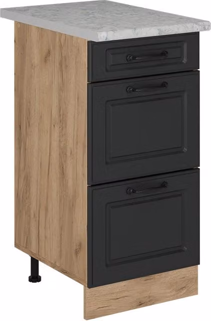 Mobiletto base per cucina R-Line Antracite rustico/Rovere dorato 40 cm con cassetti, marmo AP Vicco