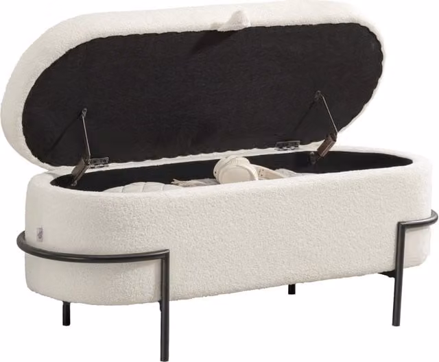 Sgabello con contenitore e coperchio Minimal color crema in tessuto boucle con struttura in metallo