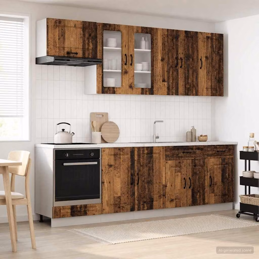 vidaXL Unità Cucina KALMAR 8 Pezzi in Legno Ingegnerizzato e Composito, Colore Marrone Antico, con Ante in Vetro