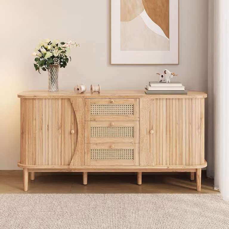 Comodino stretto con 2 cassetti e 2 ante, dimensioni 140,5 x 40 x 76 cm, aspetto legno, rattan