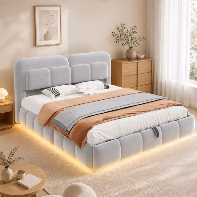Letto matrimoniale 140 × 200 cm con vano idraulico, LED regolabile e testiera in velluto, senza materasso, grigio