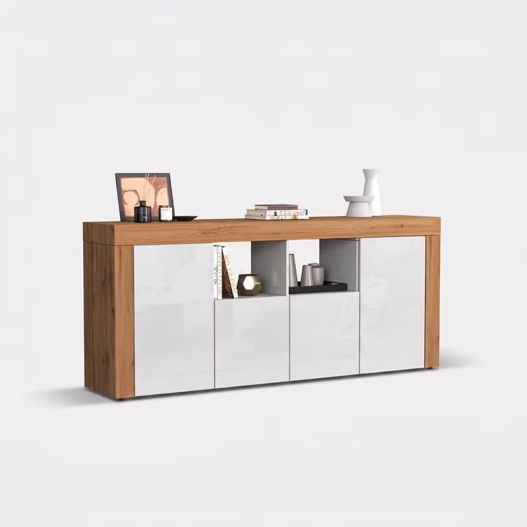 Mobile bar moderno con 4 ante e ripiani aperti, modello Syvara - Bianco