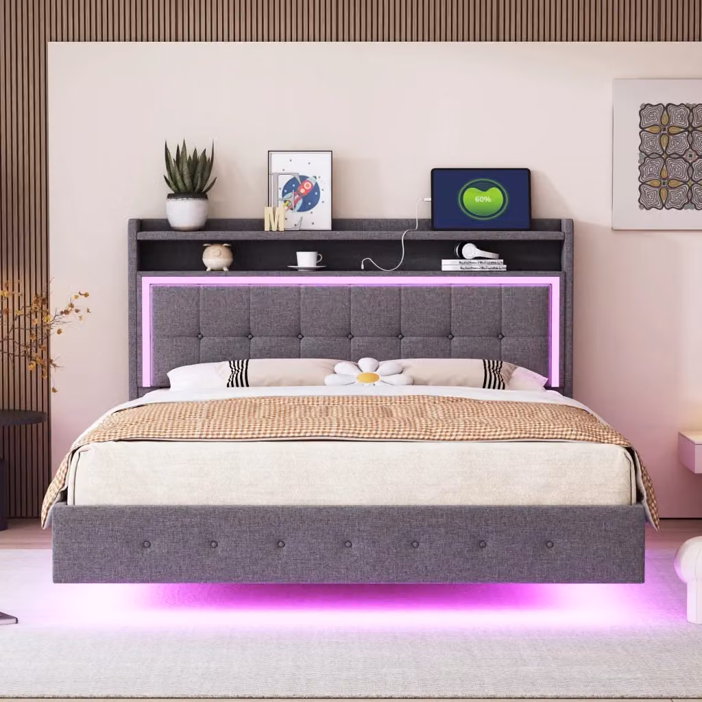 Letto moderno imbottito KOMHTOM grigio con porta USB, illuminazione sottostante e ripiani laterali L/P/H: 213 x 140 x 113,5 cm – 2