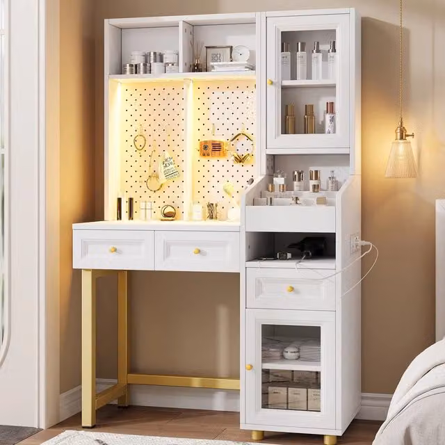 Truccatore Minimal con LED e vetrina, bianco e oro, con 3 cassetti e prese USB e Type-C, L/P/H: 100 x 45 x 156 cm – 1