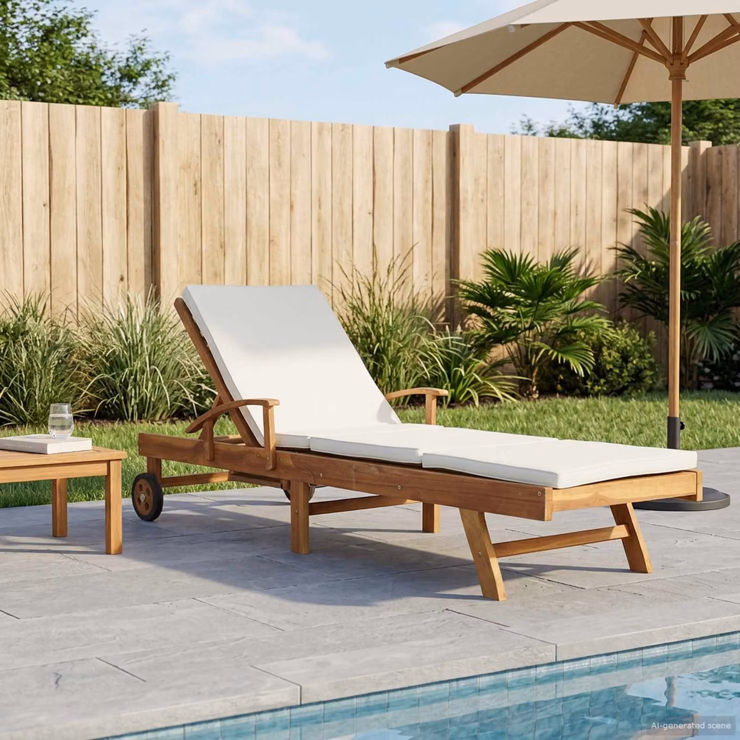 vidaXL Lettino da giardino in legno di teak con cuscino impermeabile, poggiatesta regolabile e ruote, Marrone e Beige