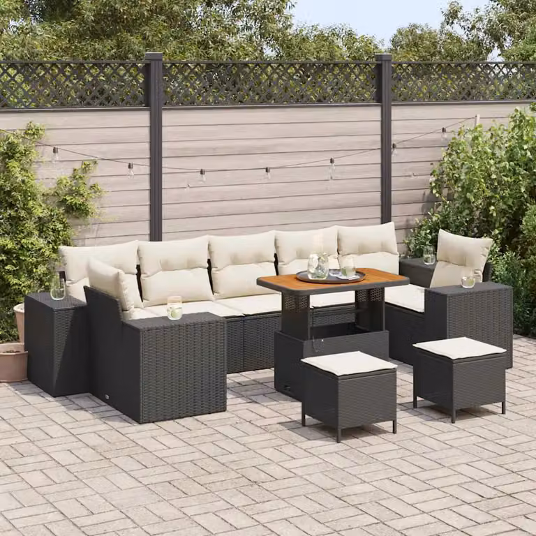 vidaXL Set Divano da Giardino 10 Pezzi con Cuscini Nero e Beige in Acciaio Verniciato a Polvere