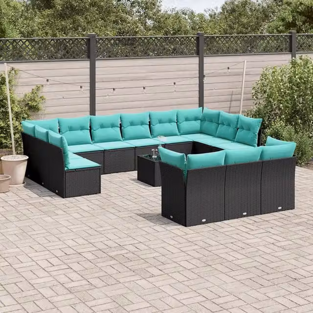 Set di divani da giardino a forma di U vidaXL in polyrattan nero con cuscini e tavolino da esterno