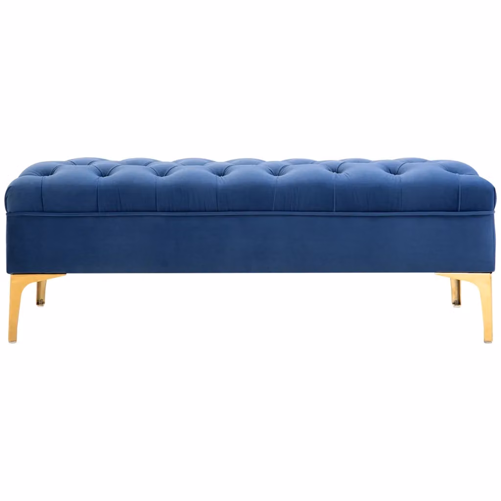 Panca imbottita XYLO in velluto blu con dettagli oro per camera da letto L: 120 cm, P: 45 cm, H: 42 cm – 2