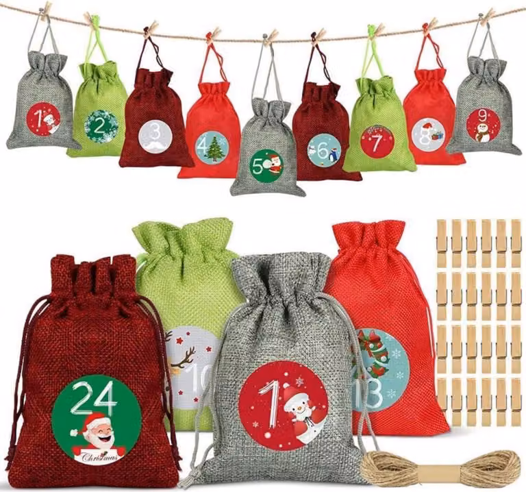 Calendario dell'Avvento da riempire set 24 sacchetti in tessuto calendario di Natale rosso verde