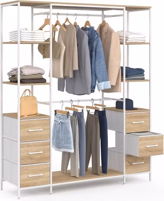 IDMarket Armadio doppio UTAH con colonna doppia, 6 ripiani e 6 cestini in legno e tessuto, Bianco e Marrone, L: 140 cm, P: 40 cm, H: 167 cm