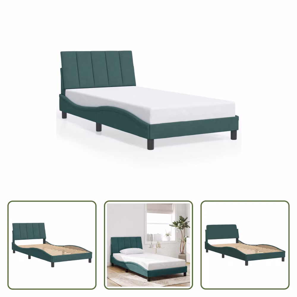 The Living Store Struttura letto con testiera in velluto verde scuro 100x200 cm