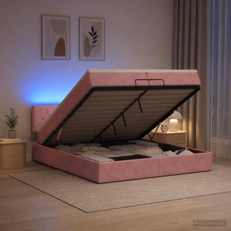 Letto Ottomano vidaXL con Materasso Ibrido e Illuminazione LED in Velluto Rosa e Bianco L/P/H: 200 x 200 x 88 cm