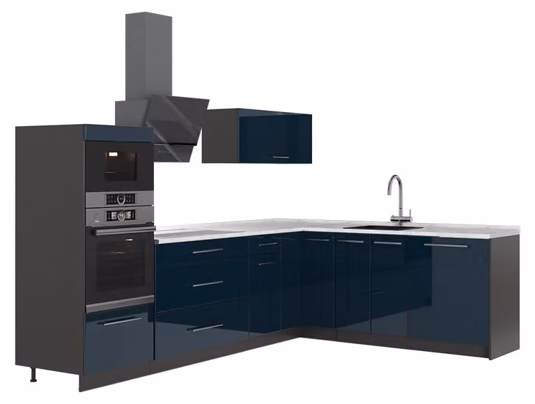 Cucina angolare completa Vicco Fame-Line Blu scuro lucido/Antracite 287 x 207 cm, PL Marmo, Model 63475
