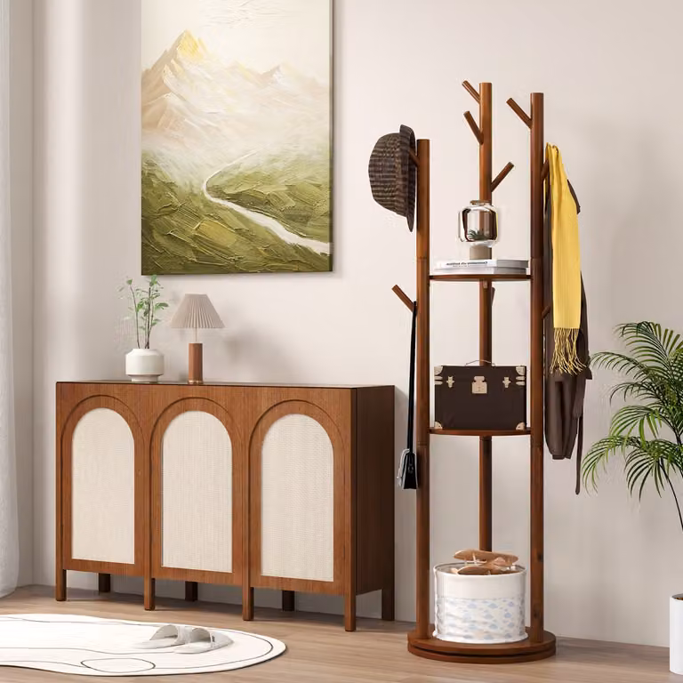 Appendiabiti a forma di albero Costway con 3 ripiani e 9 ganci, colore noce, Altezza: 167 cm