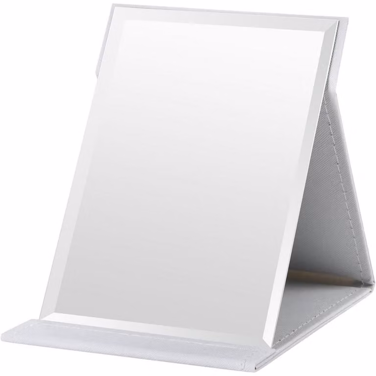 Specchio da trucco pieghevole, portatile, con vetro HD, rivestito in (PU), colore bianco, dimensioni 12,5 x 17 cm