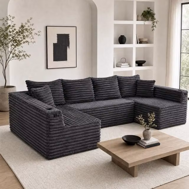 Divano modulare a U MODFU in tessuto a coste grigio antracite con portabicchieri e cuscini inclusi L: 320 cm, P: 155 cm, H: 88 cm