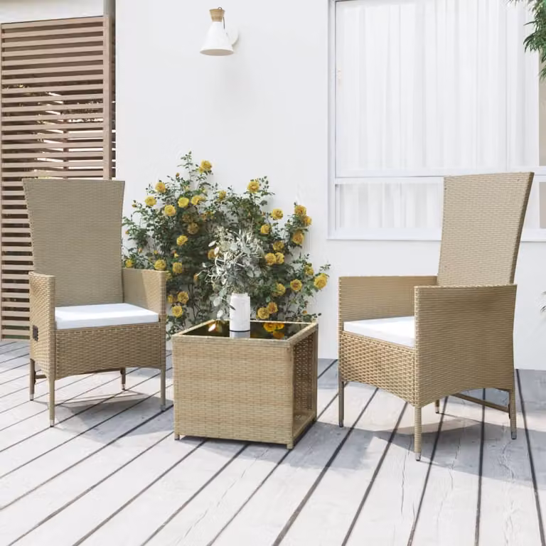 Set Mobili da Giardino Moderno vidaXL in Polyrattan e Acciaio, 3 Pezzi, Beige e Bianco con Piano in Vetro