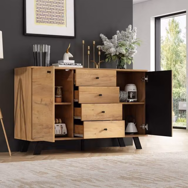 Madia da soggiorno moderna WISHDOR in MDF e legno con 2 ante e 4 cassetti, colore nero e legno naturale, L 120 x P 38 x H 75 cm