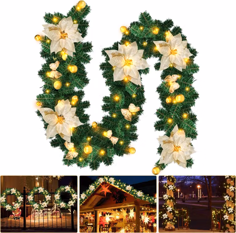Ghirlanda natalizia artificiale Ikodm, 2,7 metri, con 50 LED bianco caldo, decorazioni natalizie, alimentata a batteria, ideale per porte, finestre, scale, camini e ringhiere