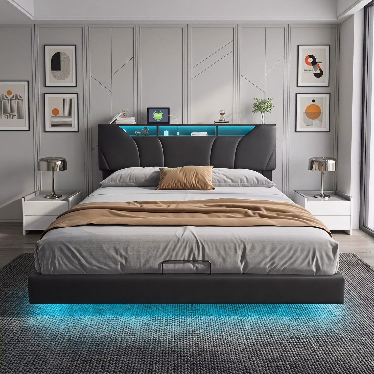 Letto imbottito INONEFT 160x200 cm con stazione di ricarica, letto per ragazzi/matrimoniale con LED e testiera contenitore, letto sospeso multifunzionale, in PU, colore nero