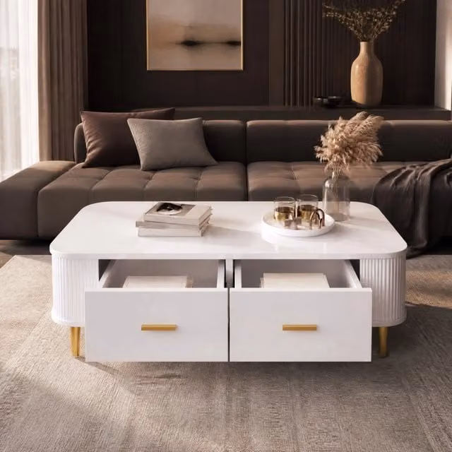 Tavolino da salotto moderno 105x51x38 cm in MDF bianco con 4 cassetti e dettagli oro
