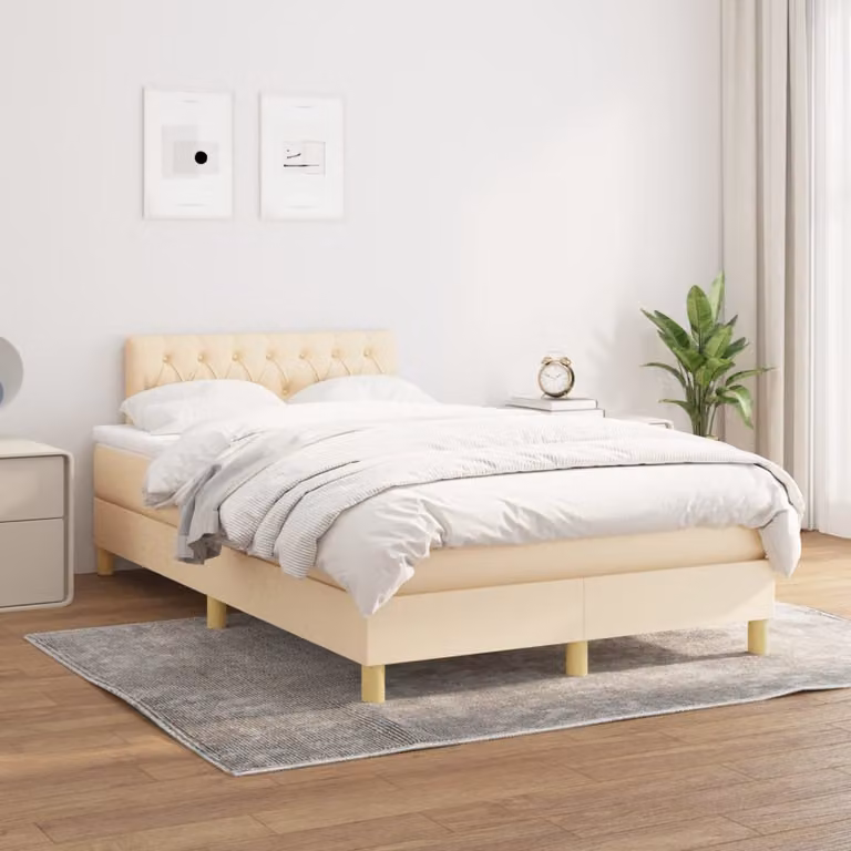 The Living Store Letto a molle con materasso crema 120x200 cm in tessuto