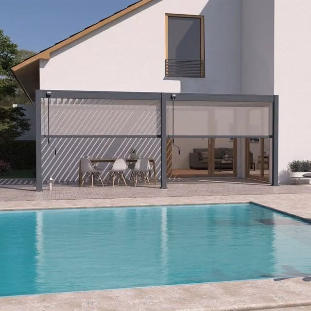 Pergola bioclimatica adossata Ombrea VS L: 6 m, P: 3 m, colore Antracite con 2 tende