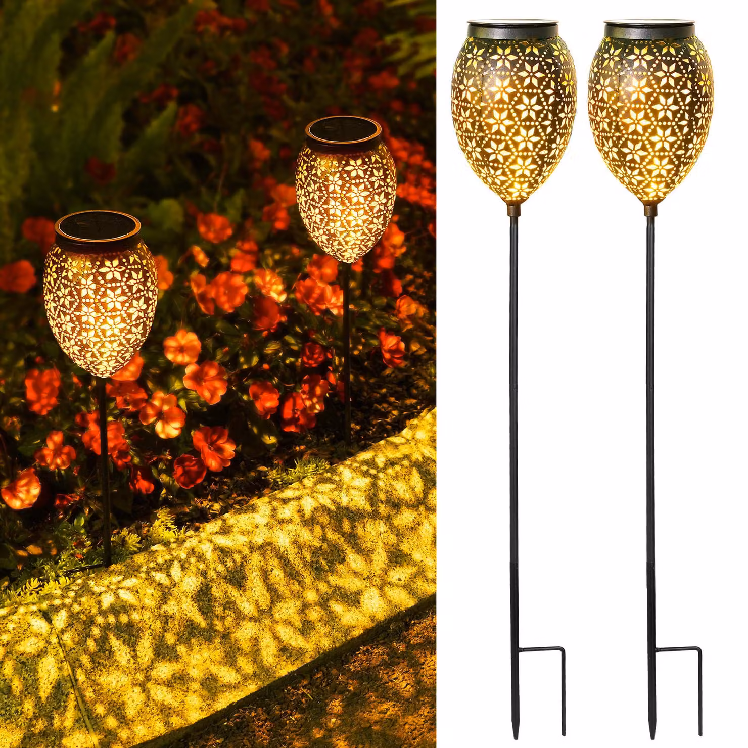 2 lampioni solari in metallo, dimensioni 69/52 cm, grado di protezione IP65, luce bianco caldo, tecnologia LED, adatti per uso esterno