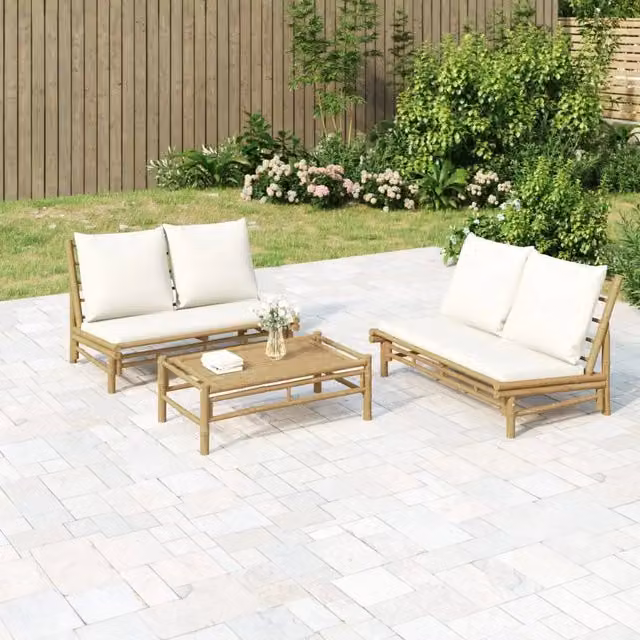 Panca da giardino Design Mania in bambù con cuscini bianco e beige – 1