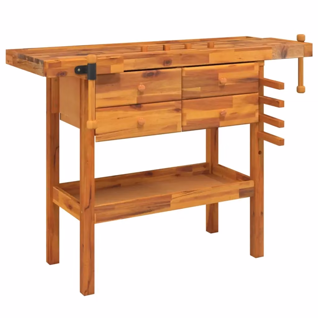 Banco da lavoro con cassetti e morsa vidaXL in legno di acacia marrone L: 124 cm, P: 52 cm, H: 83 cm – 2