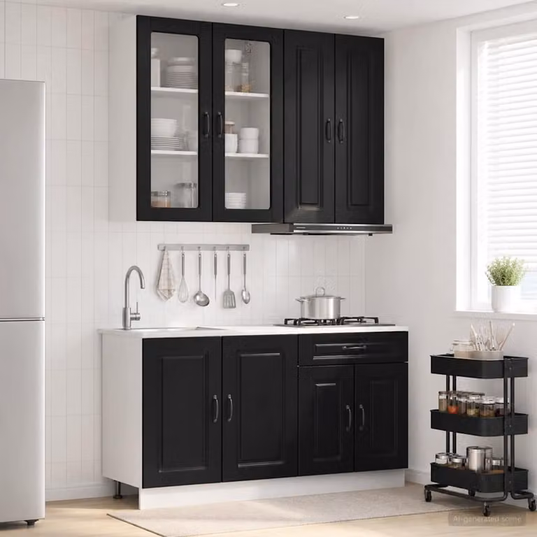 Set di unità cucina moderna vidaXL KALMAR in 4 pezzi, colore nero opaco, in MDF con ante a vetro e ripiani interni